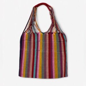 Womens Bohemian Striped Woven Tote Bag Handmade Colorful Beachy Rainbow Festival
